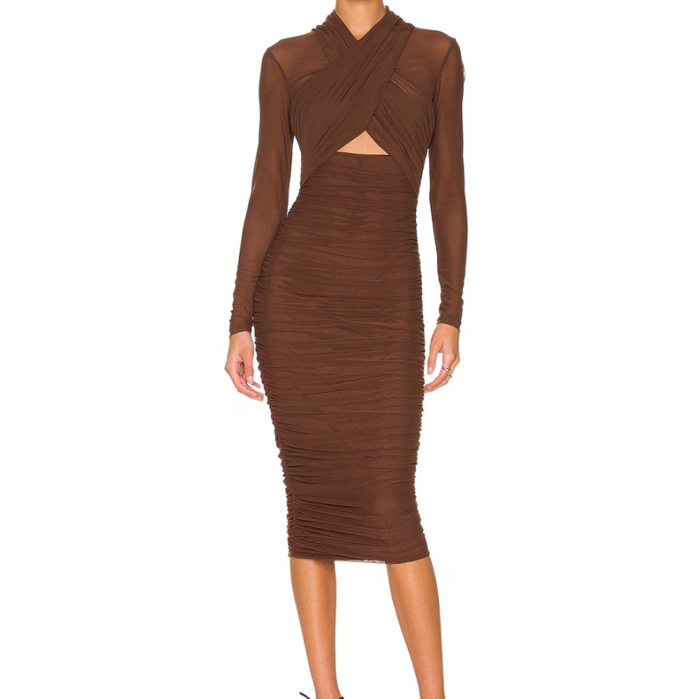 Bardot - Aliyah Dress Chocolate Brown Ruched Cut Out Bodycon Dress Medium